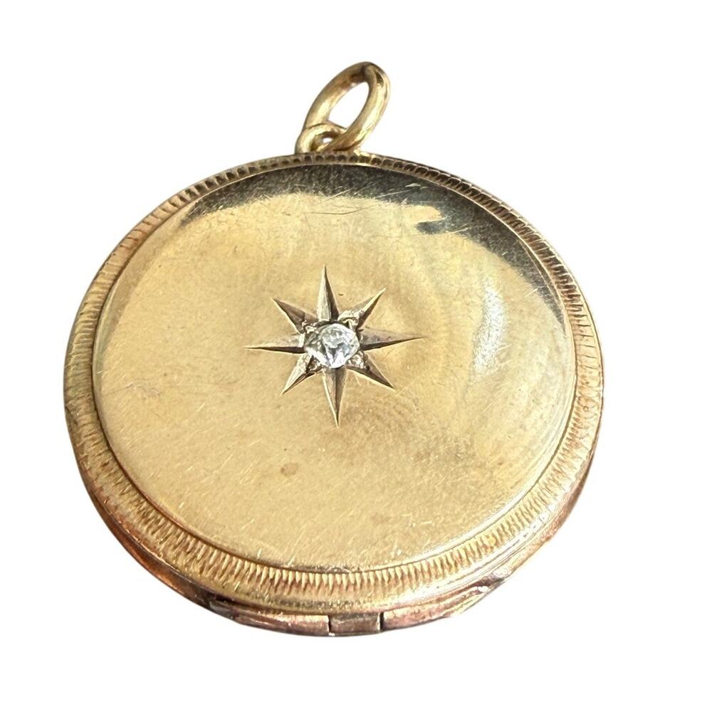 Edwardian Solid 14K Gold Diamond Starburst Photo Locket Pendant Antique 4,2g - Picture 2 of 12